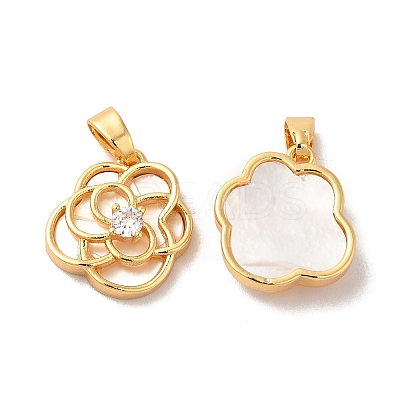 Brass Crystal Rhinestone Flower Charms with Natural Shell KK-I703-12G-1