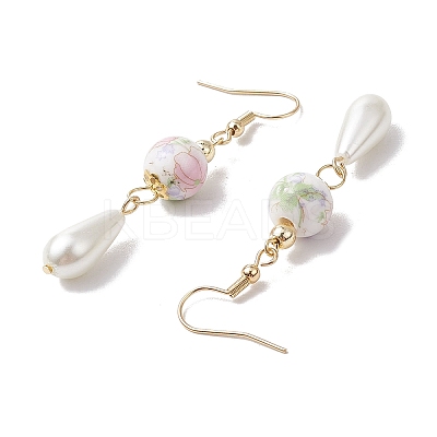 Round with Flower Pattern Porcelain Ceramic Dangle Earrings EJEW-JE06347-03-1
