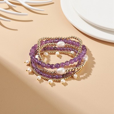 5Pcs 5 Style Natural Amethyst & Brass Beaded Stretch Bracelets Set BJEW-JB08870-01-1