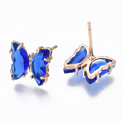 Cubic Zirconia Butterfly Stud Earrings with Glass KK-S365-003D-1