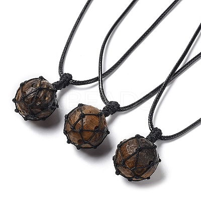 Natural Tiger Eye Round Pendant Necklace NJEW-H009-02-08-1