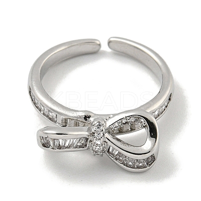 Bowknot Brass Micro Pave Cubic Zirconia Open Cuff Ring for Women RJEW-E296-03P-1
