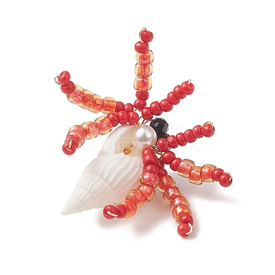 Faceted Round Natural Black Spinel & Natural Trumpet Shell & Glass Seed Beaded Crab Pendants PALLOY-MZ01177-01-1