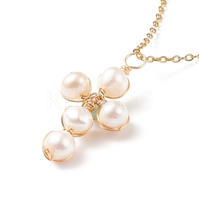 Natural Green Aventurine & Pearl Braided Cross Pendant Necklace NJEW-JN03920-02-1