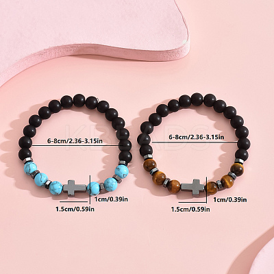 2Pcs 2 Styles Matte Natural Black Obsidian & Tiger Eye & Synthetic Turquoise Round Beads Stretch Bracelets IH5408-1