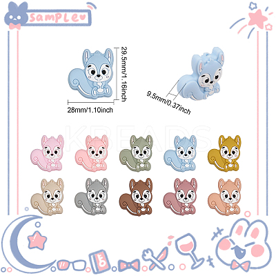 20Pcs 10 Colors Squirrel Food Grade Eco-Friendly Silicone Focal Beads SIL-GL0001-02-1