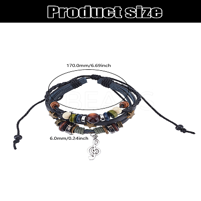 1Pc Leater Braided Multi-strand Bracelet with Alloy Musical Note Charms MUSI-LP0001-01B-1
