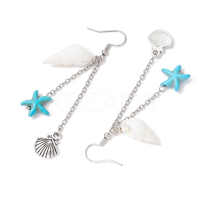 Shell Shape with Starfish Dangle Earrings EJEW-TA00640-1