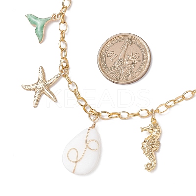 Alloy Enamel Whale Tail Starfish & Natural Shell Teardrop Pendant 304 Stainless Steel Cable Chain Necklaces for Women NJEW-JN05407-03-1