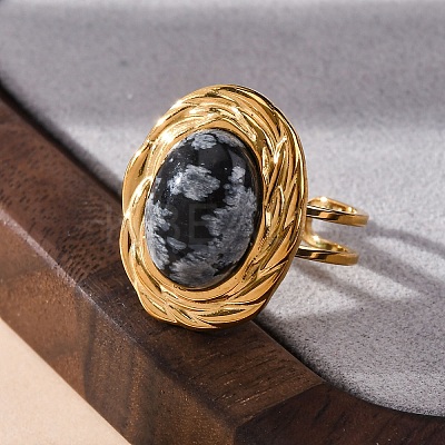 Oval Natural Snowflake Obsidian Finger Rings RJEW-M063-01G-18-1