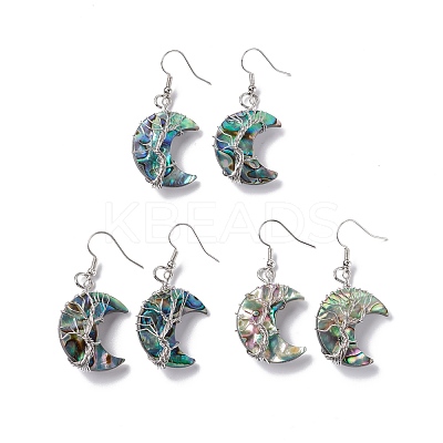 Natural Paua Shell Crescent Moon Dangle Earrings EJEW-G307-01P-1