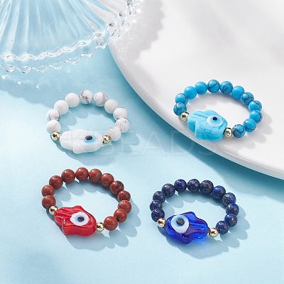 Natural & Synthetic Mixed Gemstone & Evil Eye Lampwork Beaded Stretch Rings RJEW-JR00573-1