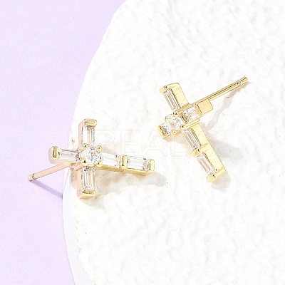 Cross Brass Micro Pave Clear Cubic Zirconia Stud Earrings EJEW-C186-18G-02-1