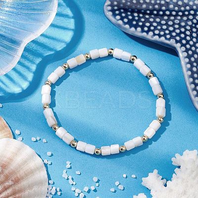 Natural Freshwater Shell Column Beaded Stretch Bracelets for Women BJEW-JB10934-1