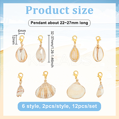 12Pcs 6 Styles Shell Pendants Decorations HJEW-HY00054-1