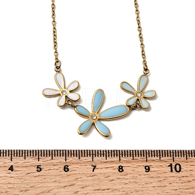 304 Stainless Steel Sky Blue Enamel with Crystal Rhinestone Triple Flower Pendant Necklaces for Women NJEW-G181-01G-1