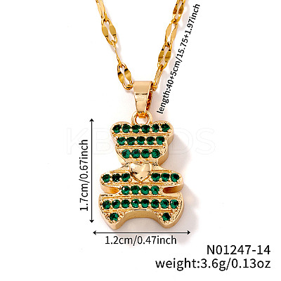Brass Micro Pave Green Cubic Zirconia Cute 3D Bear Pendant Necklaces for Women BD3088-2-1