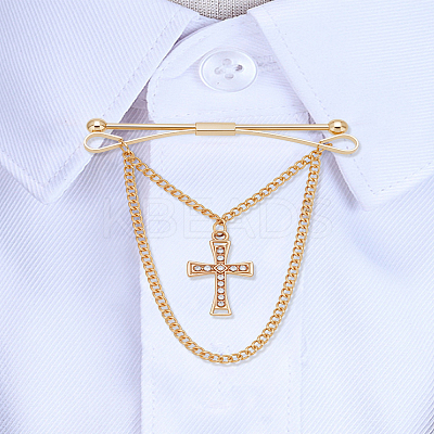 1Pc Cross Brass Rhinestone Hanging Chains Collar Pins Tie Clips AJEW-LP0002-47G-1