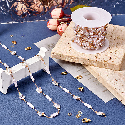 DIY Brass Glass Butterfly and Plastic Imitation Pearl Beaded Chains Necklace Jewelry Kits DIY-TA0010-49-1