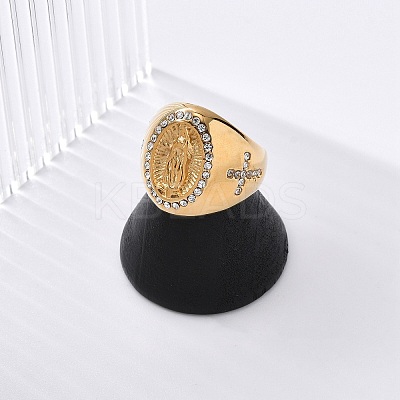 Oval with Saint 304 Stainless Steel Rhinestone Finger Ring for Unisex RJEW-Z076-05G-02-1
