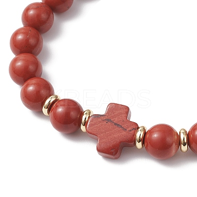 Natural Red Jasper Cross Round Beaded Stretch Bracelets for Men Women BJEW-JB12258-02-1
