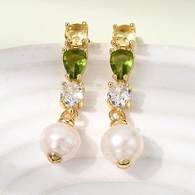 Round Brass Micro Pave Cubic Zirconia Dangle Stud Earrings EJEW-L311-01G-02-1