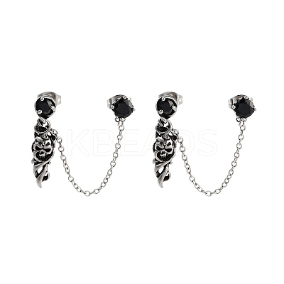 Halloween Skull 316 Surgical Stainless Steel Pave Black Cubic Zirconia Dangle Chains Stud Earrings EJEW-Z050-59AS-1