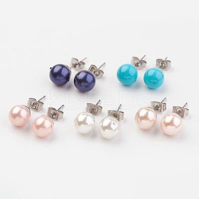 Shell Pearl Ball Stud Earring Findings EJEW-JE02370-1