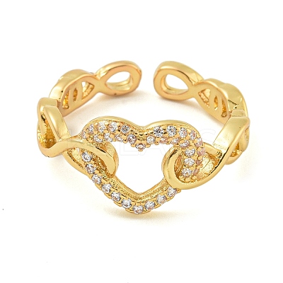 Heart Brass Micro Pave Clear Cubic Zirconia Hollow Open Cuff Rings for Women RJEW-M016-04G-1