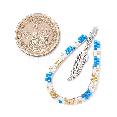 Bohemia Style Glass Seed Beaded Teardrop with Feather Pendants PALLOY-MZ00589-01-1