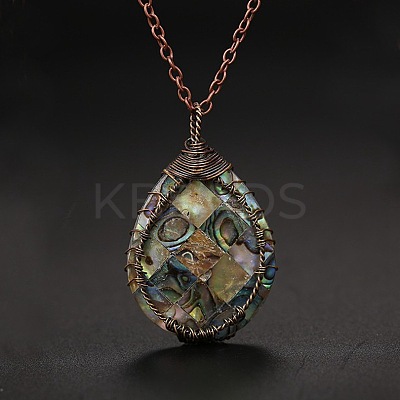 Double Sided Natural Paua Shell Copper Wire Wrapped Tree of Life Teardrop Pendant Necklaces FS-WG9357B-01-1