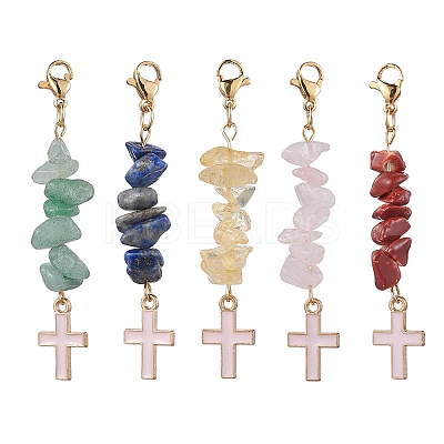 5Pcs 5 Style Natural Mixed Gemstone Chips & Alloy Enamel Cross Pendant Decorations HJEW-JM01793-S-1