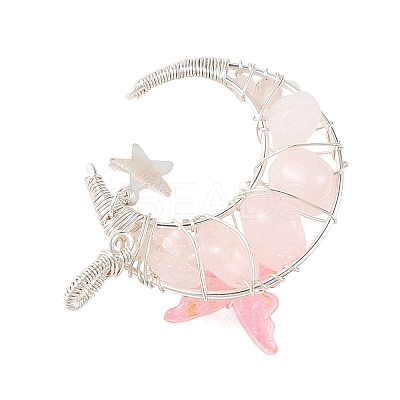 Natural Rose Quartz Round Chip Wire Wrapped Pendants PALLOY-TA00437-03-1