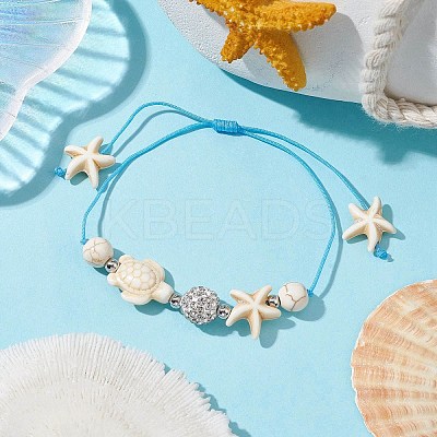 Starfish & Turtle Synthetic Turquoise(Dyed & Heated)  and Magnesite Braided Bead Bracelets BJEW-JB09818-02-1
