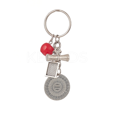 Tibetan Style Alloy Flat Round and Word Pendant Keychain with Apple Resin Charms KEYC-TA00007-1