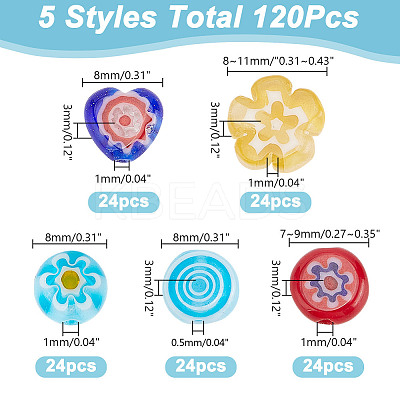 120Pcs 5 Styles Handmade Millefiori Glass Bead Strands LAMP-AR0001-33-1