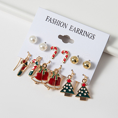 6 Pairs Christmas Zinc Alloy Enamel & Rhinestone & Plastic Pearl Dangle Earring & Stud Earring Sets FS-WGCB662-04-1