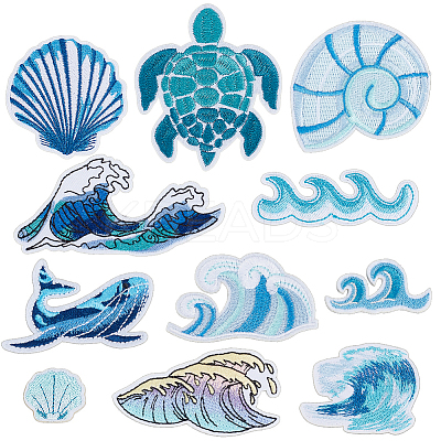 22Pcs 11 Styles Ocean Theme Polyester Embroidery Sew on Cloth Patches PATC-GA0001-80-1