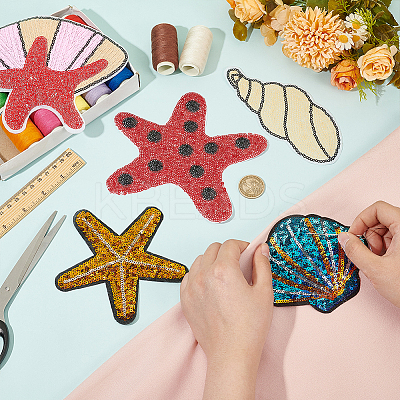 5Pcs 5 Styles Sea Animal Starfish Shell Conch Shape Computerized Embroidery Cloth Iron on/Sew on Patches PATC-FG0001-91-1