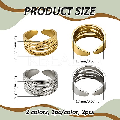 2 Colors 304 Stainless Steel Adjustable Cuff Rings for Women RJEW-HY0001-31D-1