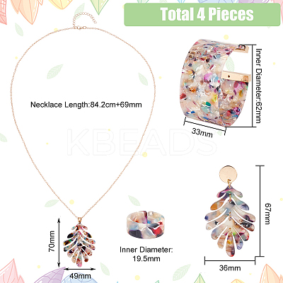 Plastic Oak Leaf Dangle Stud Earrings & Pendant Necklace & Open Bracelet & Cuff Ring AJEW-AN0007-09-1