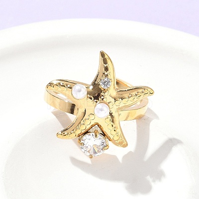304 Stainless Steel Micro Pave Cubic Zirconia Plastic Pearl Cuff Rings RJEW-D310-02A-G-1