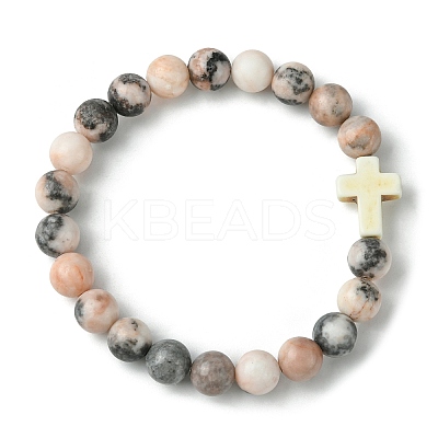 Natural Pink Zebra Jasper & Synthetic Turquoise Cross Beaded Stretch Bracelet BJEW-JB09791-1