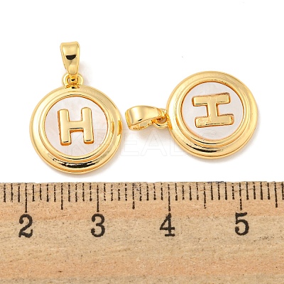 Natural Shell & Brass Flat Round with Letter H Charms with Snap on Bails KK-P275-07G-1