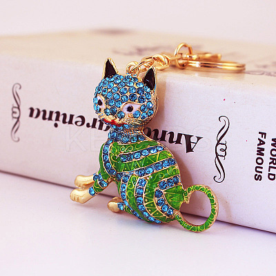 Fashion Rhinestones Enamel Sitting Cat Pendant Keychain LS-ANIM-PW0001-022C-1