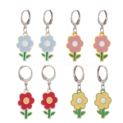 4 Pair 4 Color Alloy Enamel Flower Dangle Leverback Earrings EJEW-JE05236-1