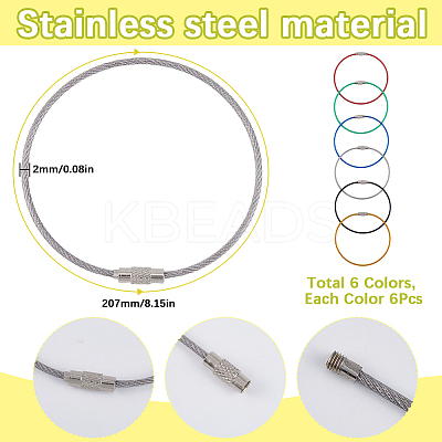 36Pcs 6 Colors Rubber Cover Stainless Steel Wire Cable Keychains FIND-SC0013-71B-1
