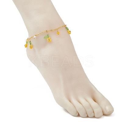 Faceted Round Natural Howlite & Glass Seed Beaded Flower Tassel Brass Cable Chain Anklets for Women AJEW-MZ00007-01-1