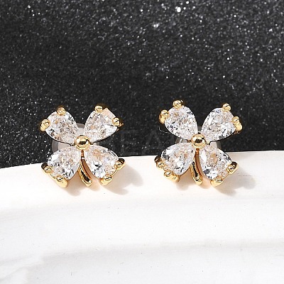 Flower Brass Micro Pave Clear Cubic Zirconia Stud Earrings EJEW-P331-10G-1