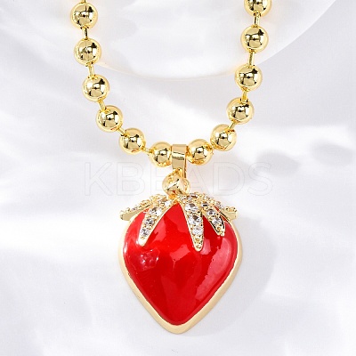 Brass Red Enamel Strawberry Pendant Ball Chain Necklaces NJEW-Z059-02G-1
